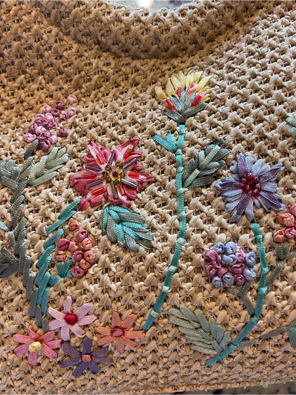 Woven Straw Tote with Embroidered and beaded Floral Design - Beige - Picture 3 of 7